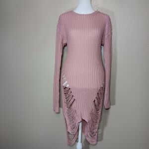 Fairy Grunge Pink Knit Sweater Distressed Fringe Dress Size Large, Thrashed VTG